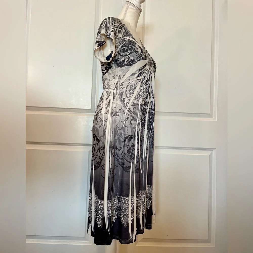 Vtg Y2K Boho Apt.9 Midi Stretch Dress Gray White Pattern Dye Print Scoop Neck MD - Picture 4 of 15